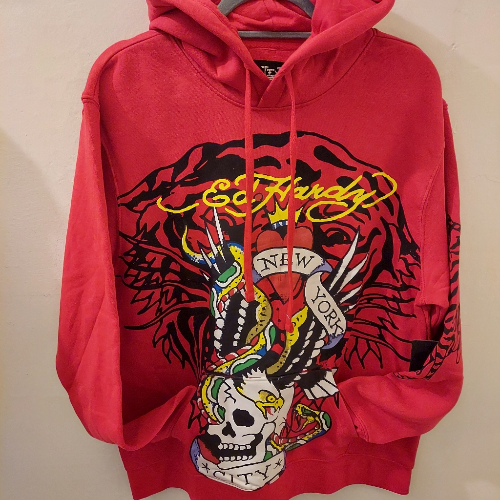 Ed Hardy zip-front hooded sweatshirt in grey with an embroidered floral tattoo motif